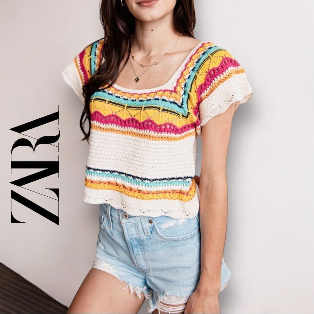 ZARA Women’s Crochet Knit Square Neck Crop Top in the Size Small in Cream Multi